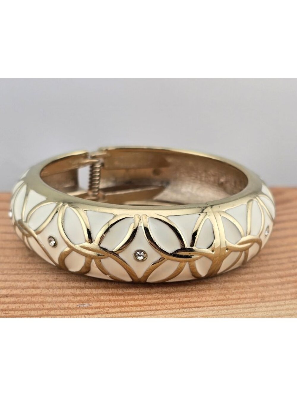 Sequin White & Gold Hinged Bangle Bracelet Rhinestone Accents 6.75"